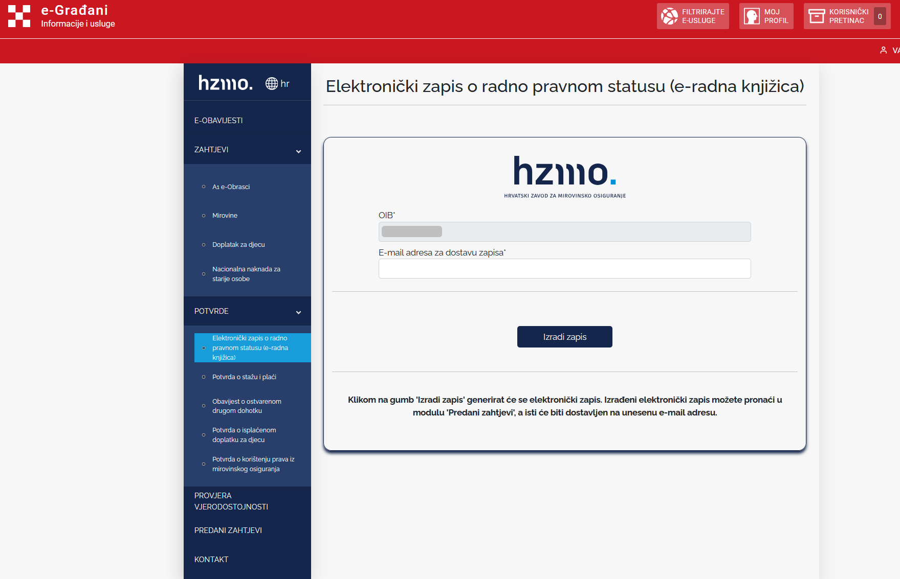 Elektronički zapis o radno pravnom statusu HZMO za oslobođenja od doprinosa